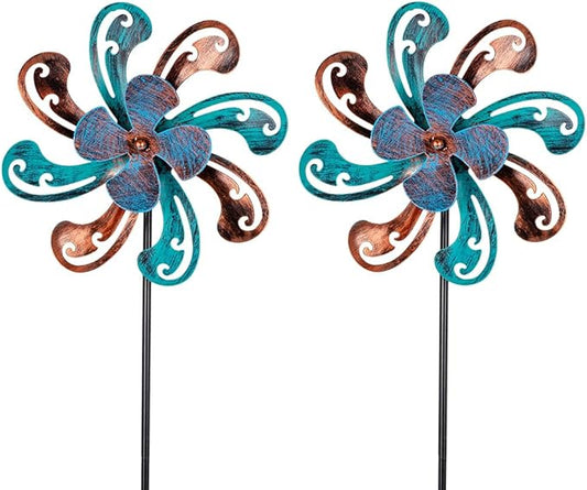 2 Packs Outdoor Metal Wind Spinner, Brown Wind Sculptures Windmill with Stake,Kinetic Yard Art Decor Pinwheels for Garden Outside Patio Lawn