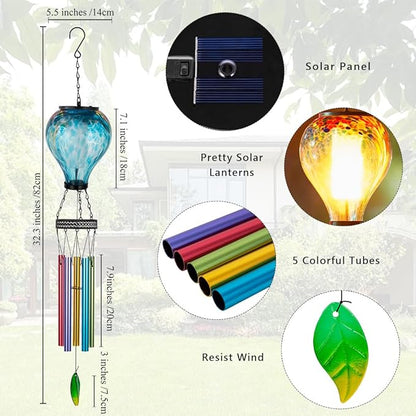 Starsoul Solar Wind Chimes for Outside, Sea Blue Hot Air Balloon Wind Chime with Flickering Flame, Outdoor Glass Windchimes Garden Decor, Gift for Mother's Day