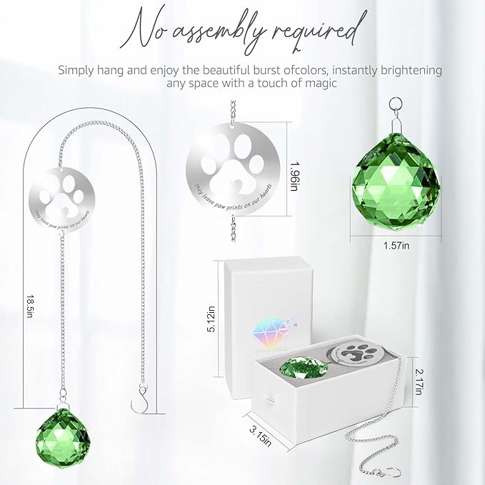 Mooncraftlogy Dog Memorial Gifts, Unique Loss of Pet Sympathy Idea, Green Crystal Ball Rainbow Suncatcher with Paw Print for Cat or Dog Remembrance and Bereavement