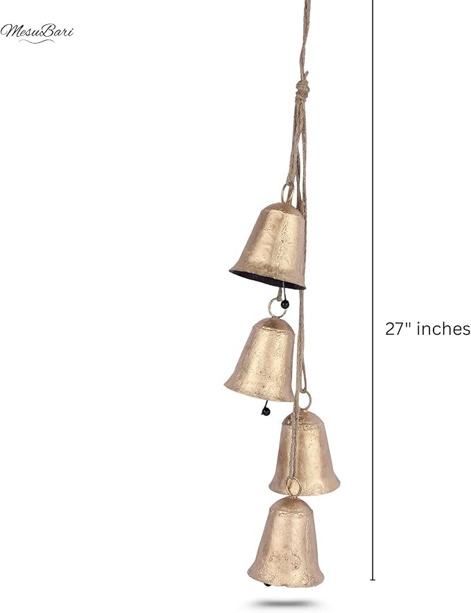 Decorative Cow Bell, 27" Hanging Bells Chime, Rustic Antique Brass Finish Metal Bells with Jute Rope, Tibetan Inspired Farmhouse Vintage Cascading Bell's for Indoor, Outdoor Patio, Garden & Wall Decor