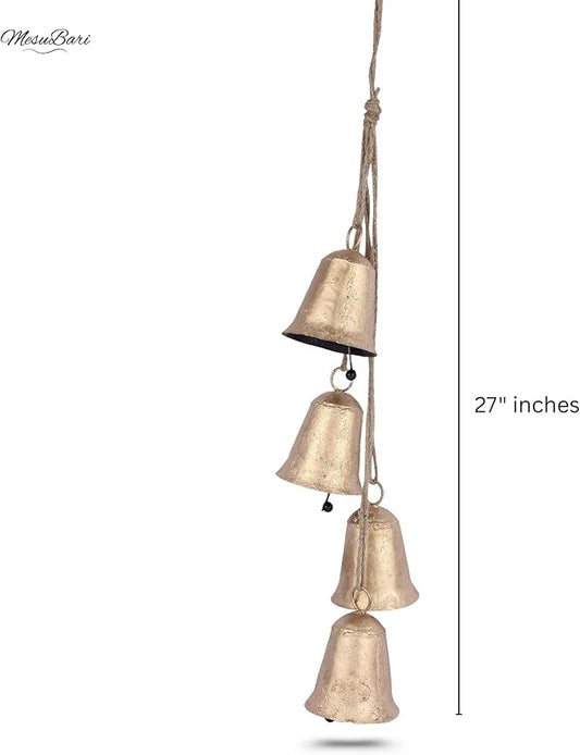 Decorative Cow Bell, 27" Hanging Bells Chime, Rustic Antique Brass Finish Metal Bells with Jute Rope, Tibetan Inspired Farmhouse Vintage Cascading Bell's for Indoor, Outdoor Patio, Garden & Wall Decor