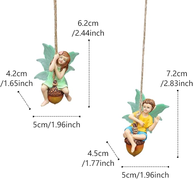 2PCS Hanging Fairies Garden Statue Decoration Boy & Girl Figurines Sitting on an Acorn with Luminous Wings Resin Micro Landscape Ornaments for Outdoor Farmhouse Patio Yard Tree Decor (D)