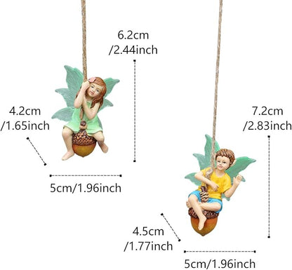 2PCS Hanging Fairies Garden Statue Decoration Boy & Girl Figurines Sitting on an Acorn with Luminous Wings Resin Micro Landscape Ornaments for Outdoor Farmhouse Patio Yard Tree Decor (D)
