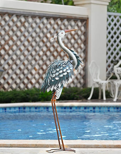 TERESA'S COLLECTIONS Garden Decor Blue Heron Sculptures & Statues,24.5" Coastal Metal Heron Decoy for Outdoor Outside Vivid Bird Metal Yard Art Cranes Patio Pond Pool Lawn Decorations,Gift for Mom