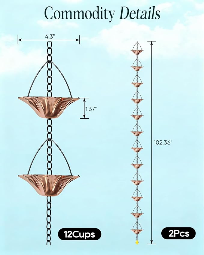 2Items 8.5FT Outdoor Rain Chain with 12 Lotus Cups & Bell, Decorative Rain Chains for Downspouts, Adjustable Gutter Drainage Replacement for Eaves, Easy Installation Water Catcher Chain