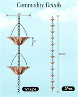 2Items 8.5FT Outdoor Rain Chain with 12 Lotus Cups & Bell, Decorative Rain Chains for Downspouts, Adjustable Gutter Drainage Replacement for Eaves, Easy Installation Water Catcher Chain