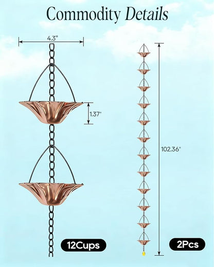 2Items 8.5FT Outdoor Rain Chain with 12 Lotus Cups & Bell, Decorative Rain Chains for Downspouts, Adjustable Gutter Drainage Replacement for Eaves, Easy Installation Water Catcher Chain