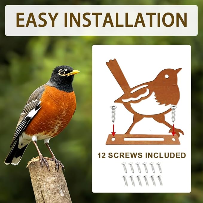 6 Pcs Robins Fence Decor, Outdoor Garden Metal Bird Decoration, Metal Art Ornament for Yard, Double-Side Design