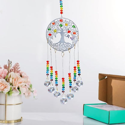 Hanging Crystal Suncatcher Rainbow Window Prism Chakra Tree of Life 7 Prism Ball Suncatcher Rainbow Maker Handmade Glass-gem Binding Gifts for Girl, Mom and Daughters, Grandma by KEINIA