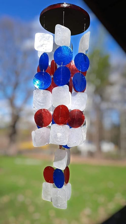 Beautiful and Unique Capiz Shell Wind Chime - Wind Chimes for Outdoors - Colorful and Whimsical Patio Decor - Ocean Decor - Garden Gifts (Red, White and Blue - Patriotic)