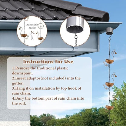 10.1ft Rain Chain for Outside, Rain Chain with 12 Peacock Cups, Adjustable Rain Catcher Chain for Outside, Replacement Downspout for Gutters, Eaves, Drainage