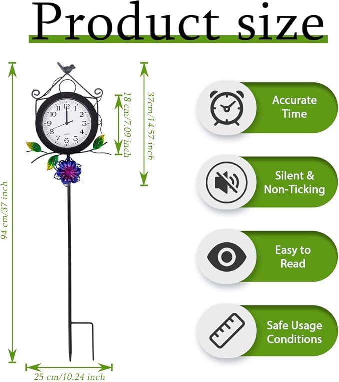 Outdoor Clock with Garden Stake, Flower Birdhouse Outdoor Wall Clock Waterproof, Silent No-Ticking Outdoor Clocks for Garden, Patio, Yard, Fence