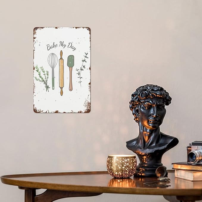 Vintage Tin Signs Cute Bake My Day for Room,Patio,Office,Yard & More Retro Metal Wall Decor,8x12 Inch Funny Quotes & Gothic Designs