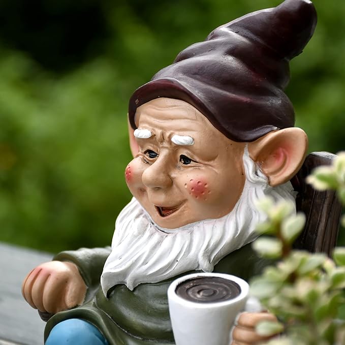 OwMell Gnome Statue for Garden, Drinking Gnome Figurine Ornament for Outdoor Patio Yard Lawn Decor 7" - Coffee