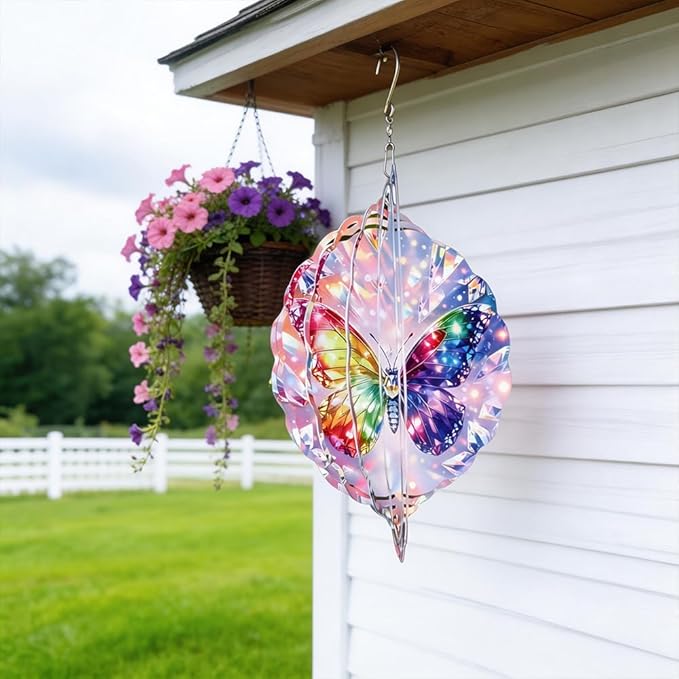 Butterfly Wind Chimes 10 x 10 Inch Hanging Garden Decor with Crystal Prism Rainbow Wing Design Aluminum Outdoor Yard Art for Patio Balcony Tree Porch Decoration Gift