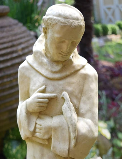 American Made Vintage Mission-Style St Francis with Dove Concrete Garden Statue, 24"