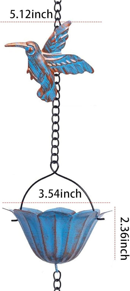 Rain Chains for Gutters, 7.87Ft Hummingbird and Cup Rain Chains for Gutters, Adjustable Rain Chimes for Outside Replacement Downspout for Gutters Eaves Drainage, Blue