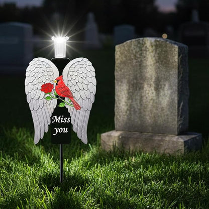 20-Inch Solar Angel Wings Memorial Stake with Red Cardinal - Metal Cemetery Decorations for Grave - Weatherproof Sympathy Gift for Loss of Loved One(Angel Wings)