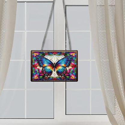 Stained Glass Style Rectangular Window Hanging Decor - Acrylic Colorful Butterfly & Flower - Suncatchers for Bedroom, Garden, Ideal for Home Decoration for Butterfly Lovers