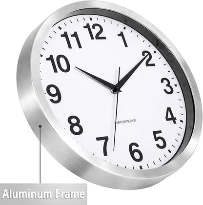Caysie 12 Inch Sealed Indoor Outdoor Clocks Waterproof, Silent Battery Operated Quartz Metal Wall Clock for Patio Pool Bathroom Home (Silver)