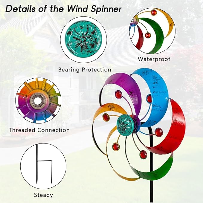 DREAMYSOUL Wind Spinners Outdoor, 10" Dia Metal Pinwheels for Yard and Garden, Kinetic Wind Sculptures & Spinner Outside (Colorful with Ruby)