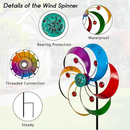 DREAMYSOUL Wind Spinners Outdoor, 10" Dia Metal Pinwheels for Yard and Garden, Kinetic Wind Sculptures & Spinner Outside (Colorful with Ruby)