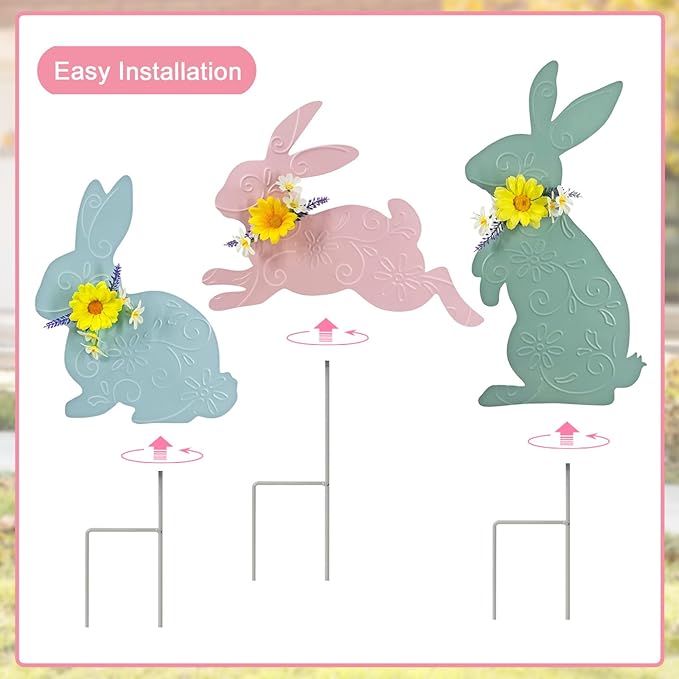 Easter Decorations Outdoor,3 Pack Metal Bunny Yard Sign Stakes for Outside,Pastel Rabbit Silhouettes Garden Decor for Lawn,Happy Easter Women Gifts
