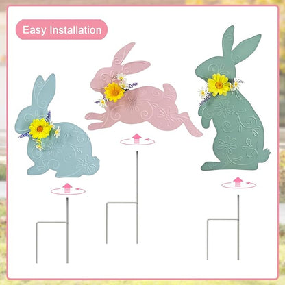 Easter Decorations Outdoor,3 Pack Metal Bunny Yard Sign Stakes for Outside,Pastel Rabbit Silhouettes Garden Decor for Lawn,Happy Easter Women Gifts