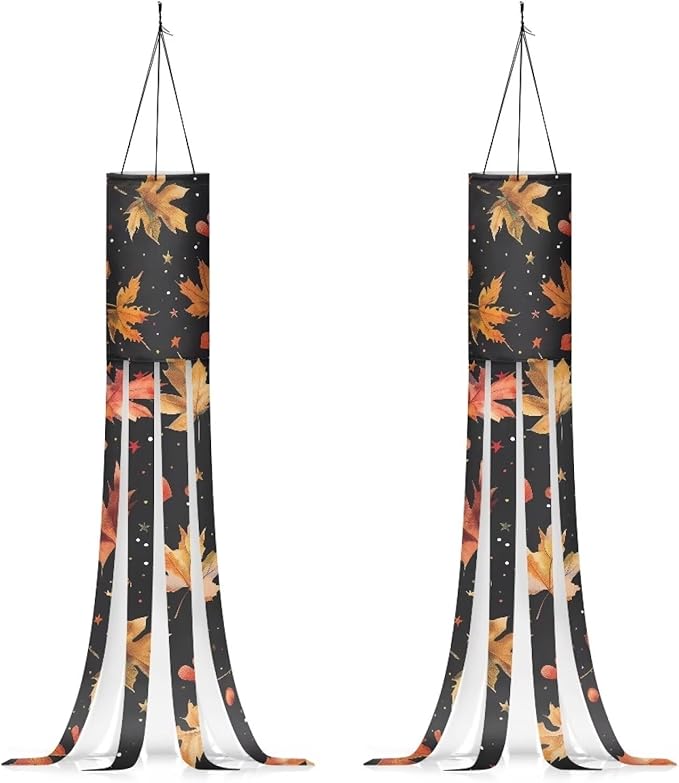 Fall Maple Leaf 2 PC Windsocks Outdoor Hanging for Front Home Yard Patio Lawn Garden Tree Party Fall Thanksgiving Decoration Machine Washable