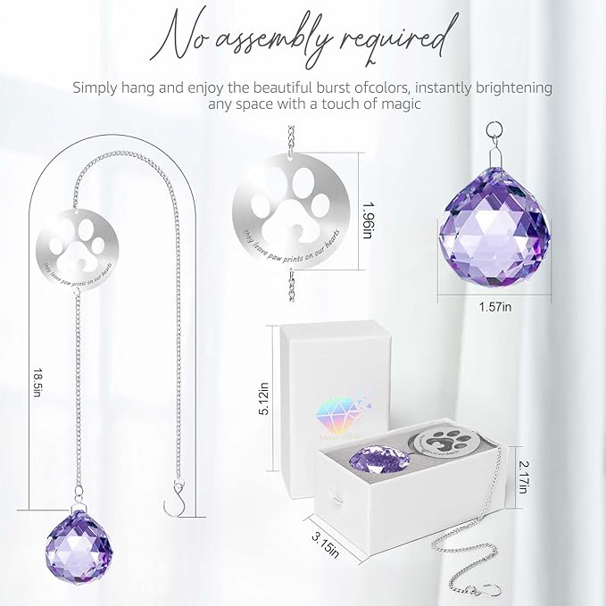 Mooncraftlogy Dog Memorial Gifts, Unique Loss of Pet Sympathy Idea, Purple Crystal Ball Rainbow Suncatcher with Paw Print for Cat or Dog Remembrance and Bereavement
