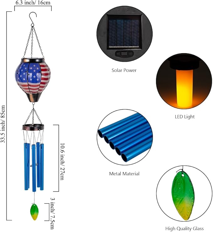 Solar Wind Chimes for Outdide,American Flag Solar Hot Air Balloon Wind Chime with Flame Flickering Light,Glass Windchimes with 5 Thicken Tubes,4th of July Decorations for Garden