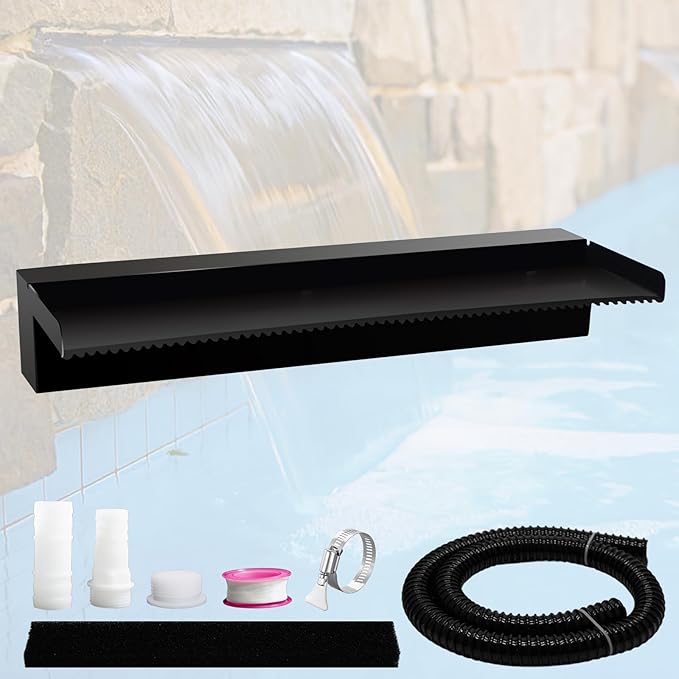 Pamopamo Pond Waterfall Spillway Pool Fountain Water Feature, Black Stainless Steel Outdoor Fountains, Swimming Pool Water Flow Waterfalls Kit for Garden Patio Ponds-23.6"x7.8"x3.9"(NO Light)
