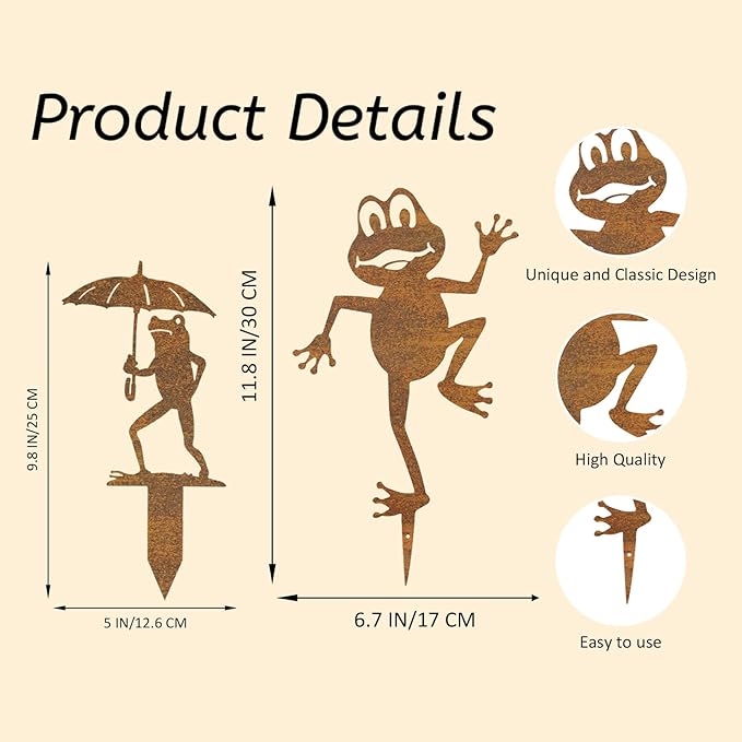 2 Pcs Rusty Metal Frog Decorative Garden Stakes, Gifts for Women/Men/Lovers Gifts, Metal Garden Stakes Decorative for Yard Art Outside Patio, Lawn Outdoor Decor