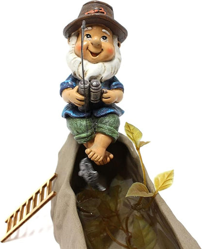 Fishing Gnome Statue for Garden Outdoor, Whimsical Lawn Gnome Sitter Decoration with Fishing Rod, UV-Resistant Resin Patio Yard Ornament