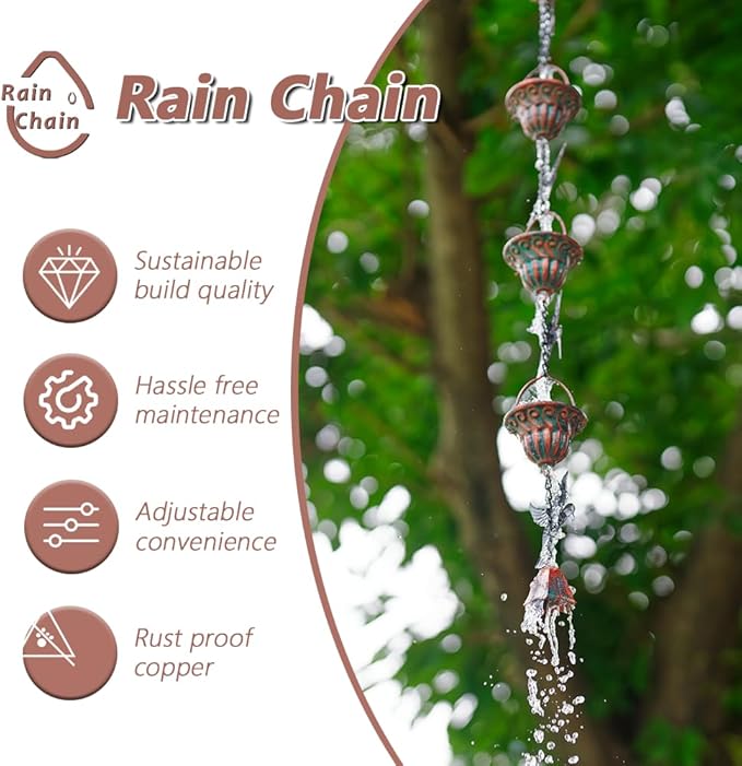 10 FT Lotus Rain Chain and 8.7 Ft Hummingbird Rain Chains, Adjustable Rain Gutter Chain with 12 Cups, Replacement for Downspout