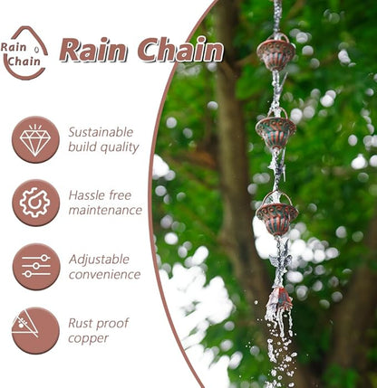 10 FT Lotus Rain Chain and 8.7 Ft Hummingbird Rain Chains, Adjustable Rain Gutter Chain with 12 Cups, Replacement for Downspout