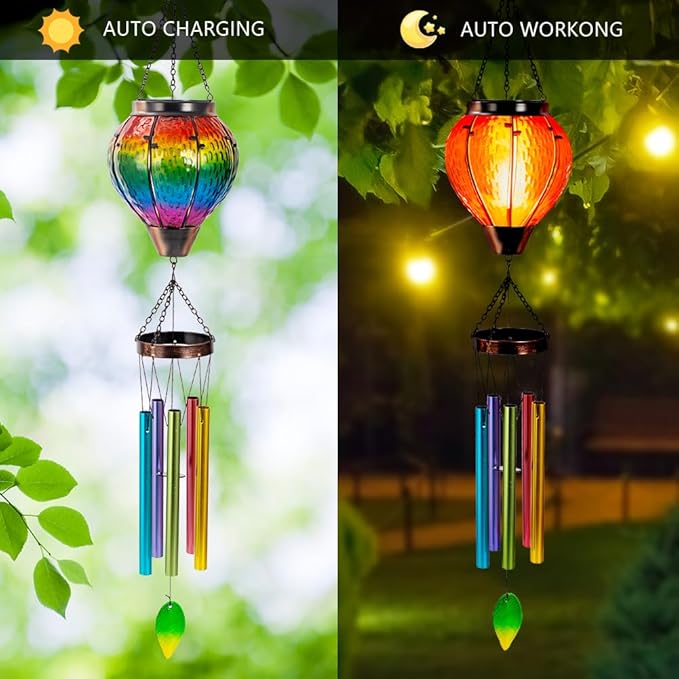 Starsoul Solar Wind Chimes for Outside, Rainbow Hot Air Balloon with Flickering Flame Solar Wind Chime, Glass Windchimes Outdoors Garden Decor, Gift for Mother's Day Mom Grandma