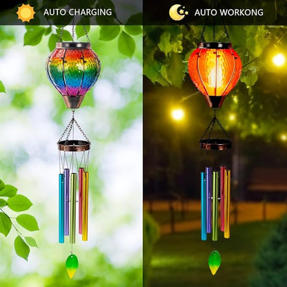 Starsoul Solar Wind Chimes for Outside, Rainbow Hot Air Balloon with Flickering Flame Solar Wind Chime, Glass Windchimes Outdoors Garden Decor, Gift for Mother's Day Mom Grandma