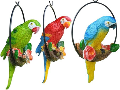 Hanging Parrot Garden Decor Resin Parrot Outdoor Decor Parrot on Perch Garden Sculpture Parrot Statue for Outdoor Garden Decorations Green Garden.