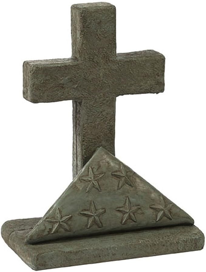 Flag and Cross Memorial Statue – 18” Handcrafted Concrete Outdoor Memorial – Patriotic Garden Decor – Heavy-Duty Cast Stone Cemetery Monument – Made in USA