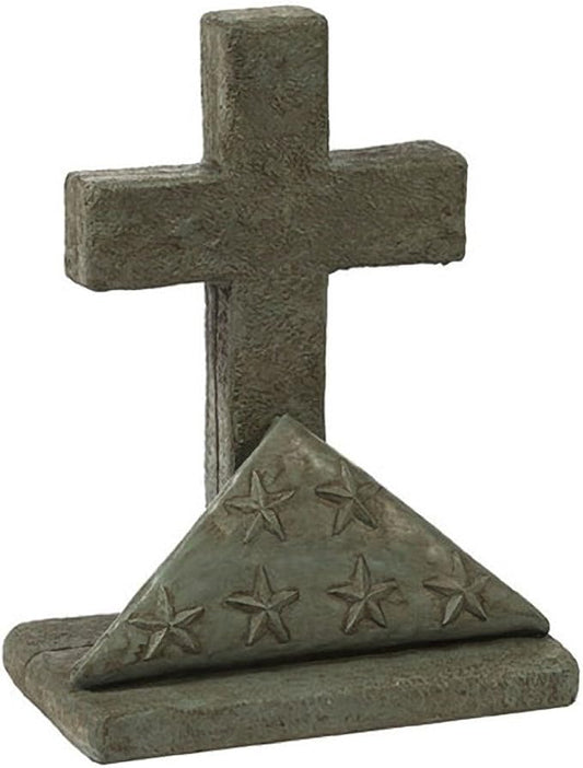 Flag and Cross Memorial Statue – 18” Handcrafted Concrete Outdoor Memorial – Patriotic Garden Decor – Heavy-Duty Cast Stone Cemetery Monument – Made in USA
