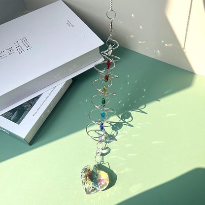 Big Heart Crystal Sun Catchers for Windows Hanging, Double-Spiral Design Gazing Ball Spiral Tail, Rainbow Maker Prism, Sun Catchers Indoor Window for Kitchen, Patio, Porch, Garden(AB-Silver)