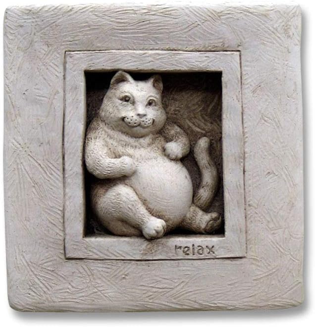 Carruth Studio, Purrfectly Relaxed Wall Plaque, Garden Statue, Original Sculpture Handcrafted in Stone, Artisan Made