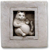 Carruth Studio, Purrfectly Relaxed Wall Plaque, Garden Statue, Original Sculpture Handcrafted in Stone, Artisan Made
