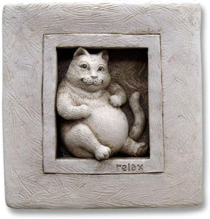 Carruth Studio, Purrfectly Relaxed Wall Plaque, Garden Statue, Original Sculpture Handcrafted in Stone, Artisan Made