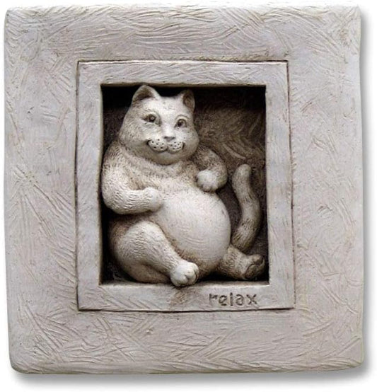 Carruth Studio, Purrfectly Relaxed Wall Plaque, Garden Statue, Original Sculpture Handcrafted in Stone, Artisan Made