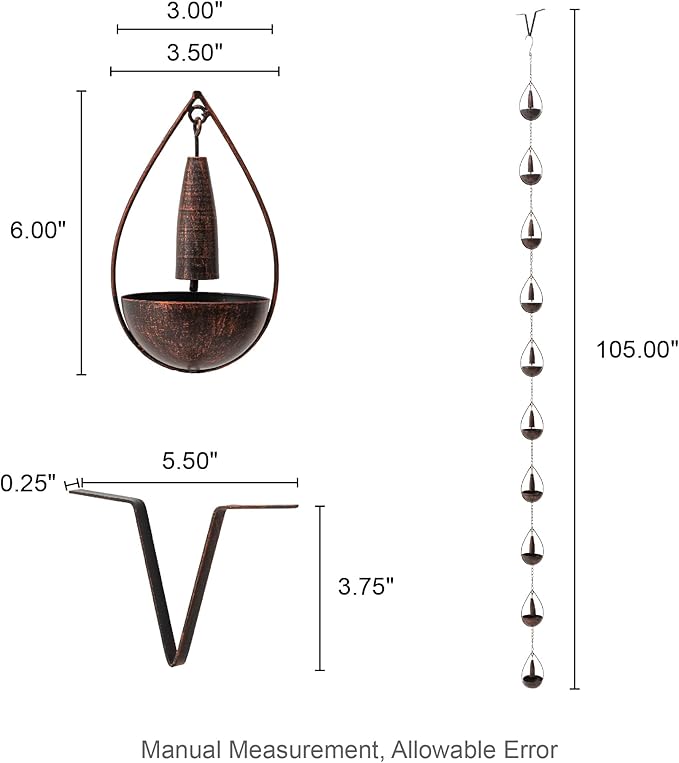 Glitzhome 8.5 FT Rain Chains, Faux Copper Bowl and Bell Rain Chains for Gutters with 10 Cups, Adjustable Rain Catcher Chain with V-Shaped Gutter