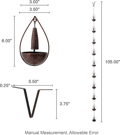 Glitzhome 8.5 FT Rain Chains, Faux Copper Bowl and Bell Rain Chains for Gutters with 10 Cups, Adjustable Rain Catcher Chain with V-Shaped Gutter
