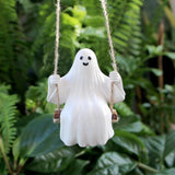 Swing Ghost Garden Statue Outdoor Halloween Decor, 3.39 Inch Cute Ghost Figurine Resin Sculpture Funny Tree Hanging Ornaments for Patio Lawn Yard