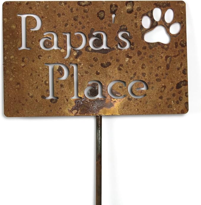 Classic Metal Garden Markers Clearance Items 20 to 33 Inches Tall (Papa's Place + paw print, Naturally Rusted)